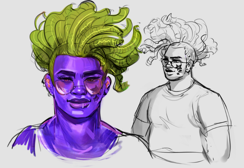 Two sketches of Starbuck, a purple-skinned man with green dreadlocks and pink glasses. The sketch on the left is in color and the sketch on the right is uncolored.